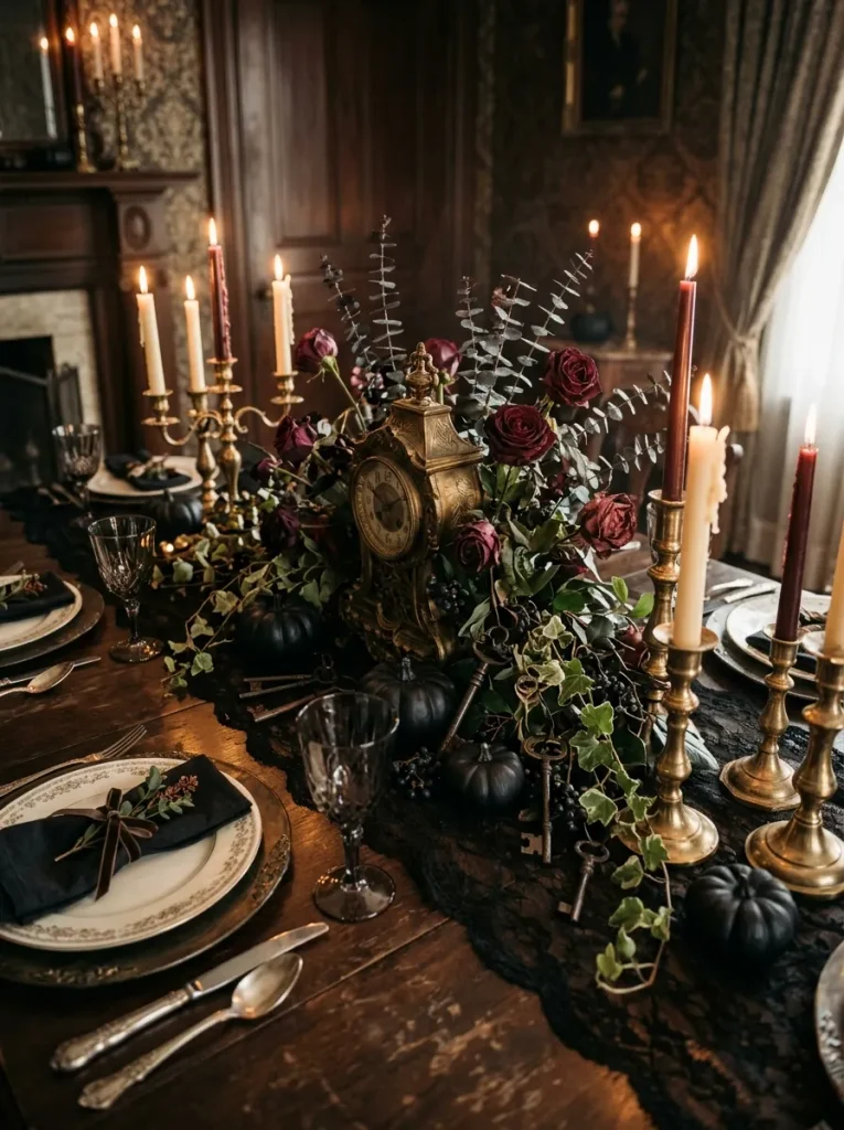 14. Spooky Vintage Clock Centerpiece