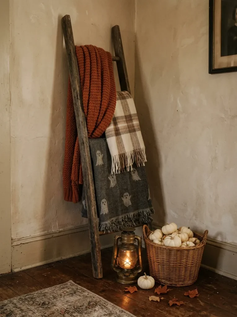15. Rustic Halloween Blanket Ladder