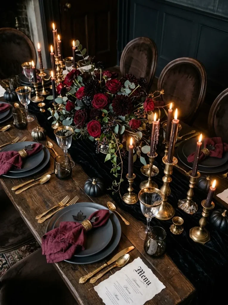 6. Moody Burgundy Rose Table scape